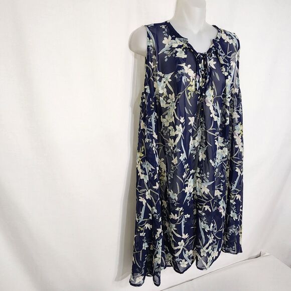 Umgee Womens Swim Coverup Sz Medium Sheer Floral Blue Sleeveless Ties Mini Dress - Picture 4 of 10